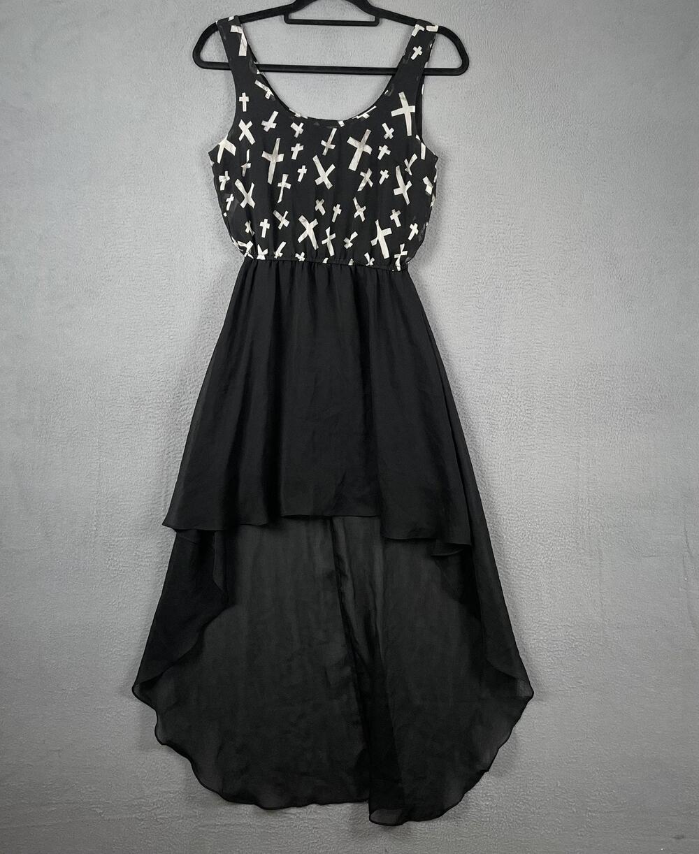 Royal Bones Dress Womens Small Black White Cross Print Asymmetrical Goth Punk - Picture 1 of 11
